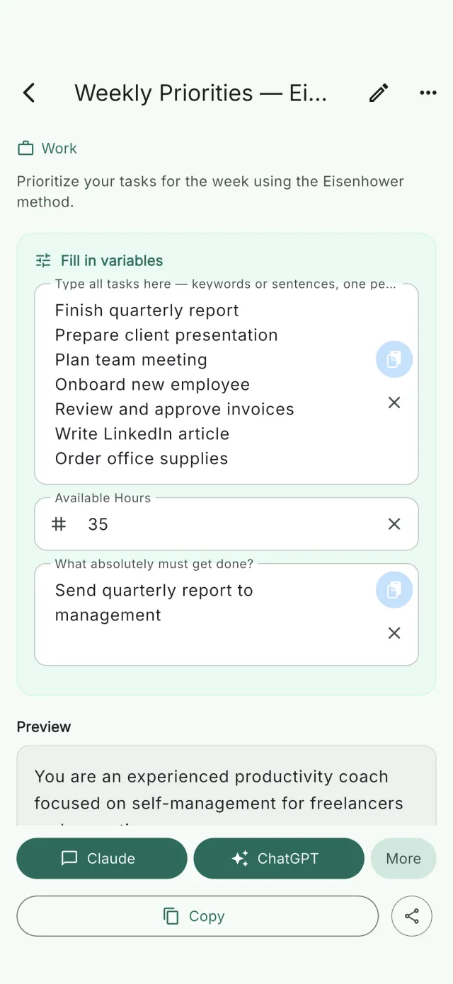 Saved prompt with filled-in variables and one-tap send buttons for Claude and ChatGPT