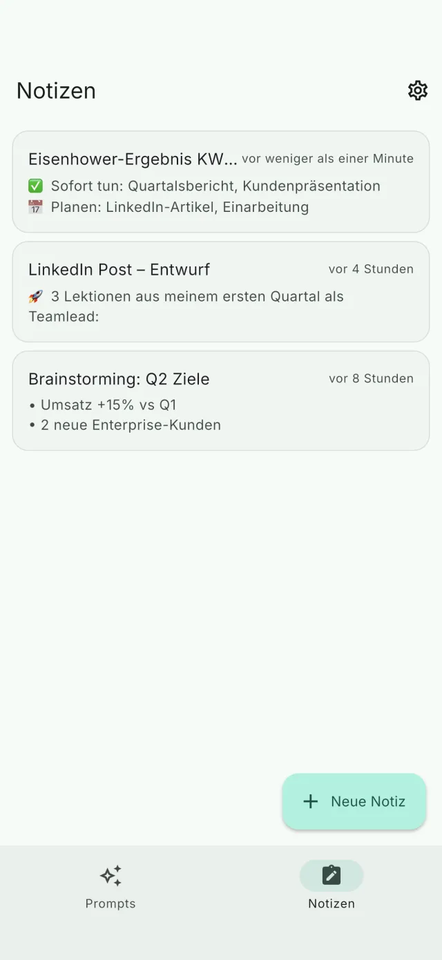 Notizen-Ansicht mit KI-Antworten, die mit ihren Prompts verknüpft sind