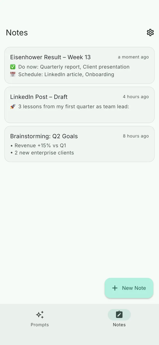 Notes screen keeping AI responses linked to their prompts