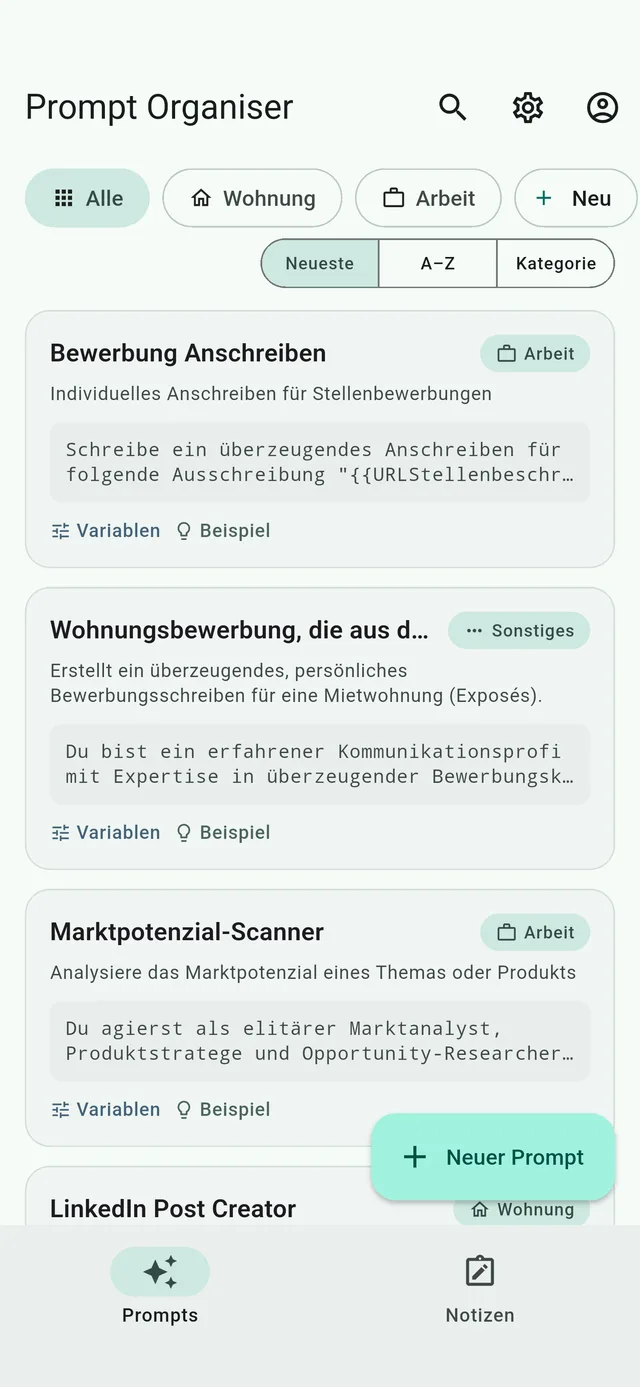 Prompt Organiser unter Android mit Prompt-Liste und Kategorie-Chips