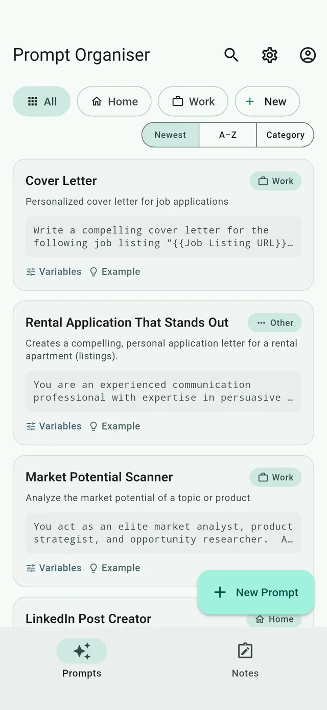 Prompt Organiser on Android showing a prompt library with category filter chips