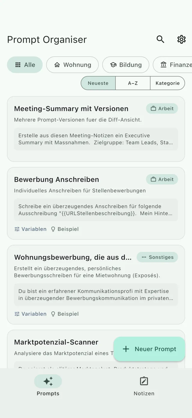 Prompt-Bibliothek mit Kategorie-Chips für Wohnung, Bildung und Finanzen