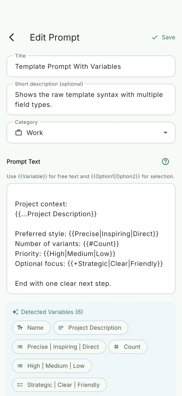 Prompt template editor showing {{variable}} placeholder syntax with five detected variable types