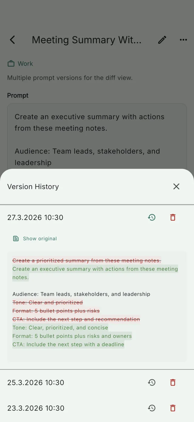 Version history of a prompt with red and green diff highlighting